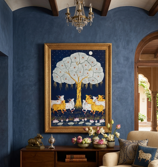 Cow and Tree of Life Pichwai Painting – Handmade Indian Traditional Wall Decor