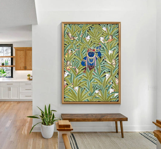 Shrinathji in Banana Trees, Hand Painted Pichwai Painting, Home Decor, Wall Decor