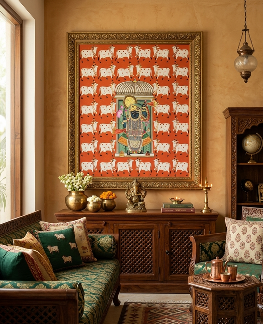 Shrinathji Pichwai Painting, Large Pichwai, Cow Pichwai Art Handmade Natural Stone color on cloth Indian Decor, Wall Art, Home Decor Gift