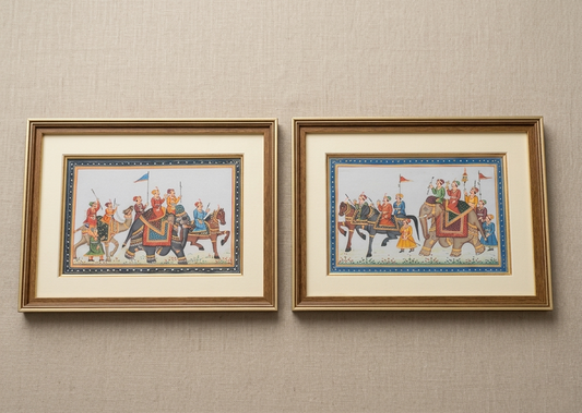 Set of Two Royal Procession Hand-Painted Rajasthani Artwork – Traditional Indian Miniature Painting, Framed Ethnic Wall Decor
