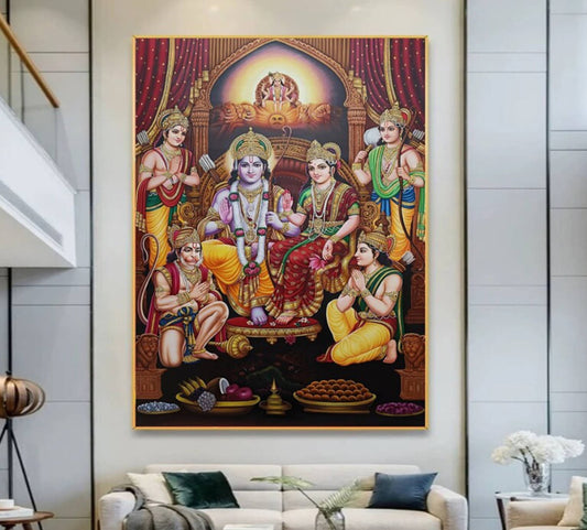 Ram Darbaar Oil Painting | Handmade Hindu Wall Art | Lord Ram Sita Lakshman Hanuman Canvas Painting