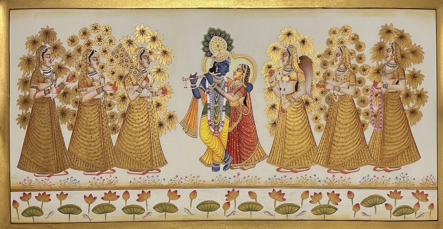 Radha Krishna Detailed Pichwai Handmade Painting | Traditional Indian Wall Art | Hand Painted Pichwai on Cloth | Spiritual Home Decor
