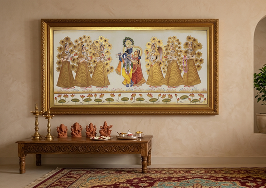 Radha Krishna Detailed Pichwai Handmade Painting | Traditional Indian Wall Art | Hand Painted Pichwai on Cloth | Spiritual Home Decor