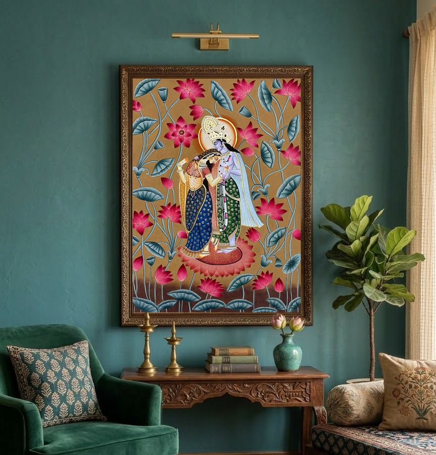 Radha Krishna Detailed Pichwai Handmade Painting, Traditional Nathdwara Art, Spiritual Indian Artwork, Luxury Home Decor