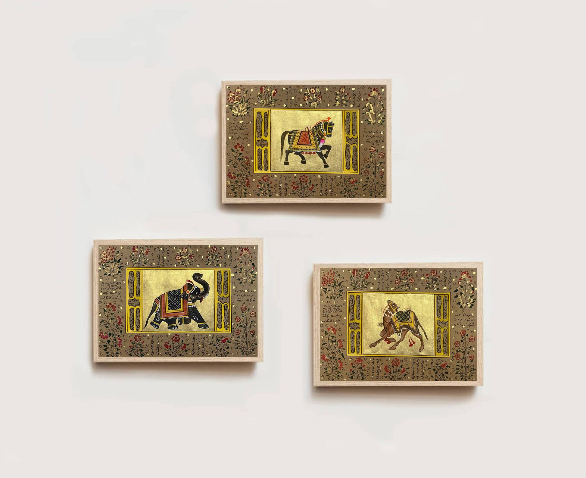 Trio Elephant, Horse, Camel Set of 3 Indian Miniature Wall Art - Jaipur Earth