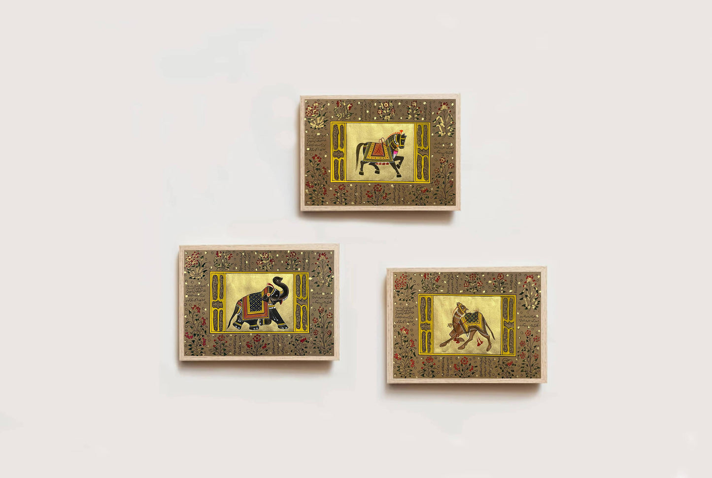 Trio Elephant, Horse, Camel Set of 3 Indian Miniature Wall Art - Jaipur Earth