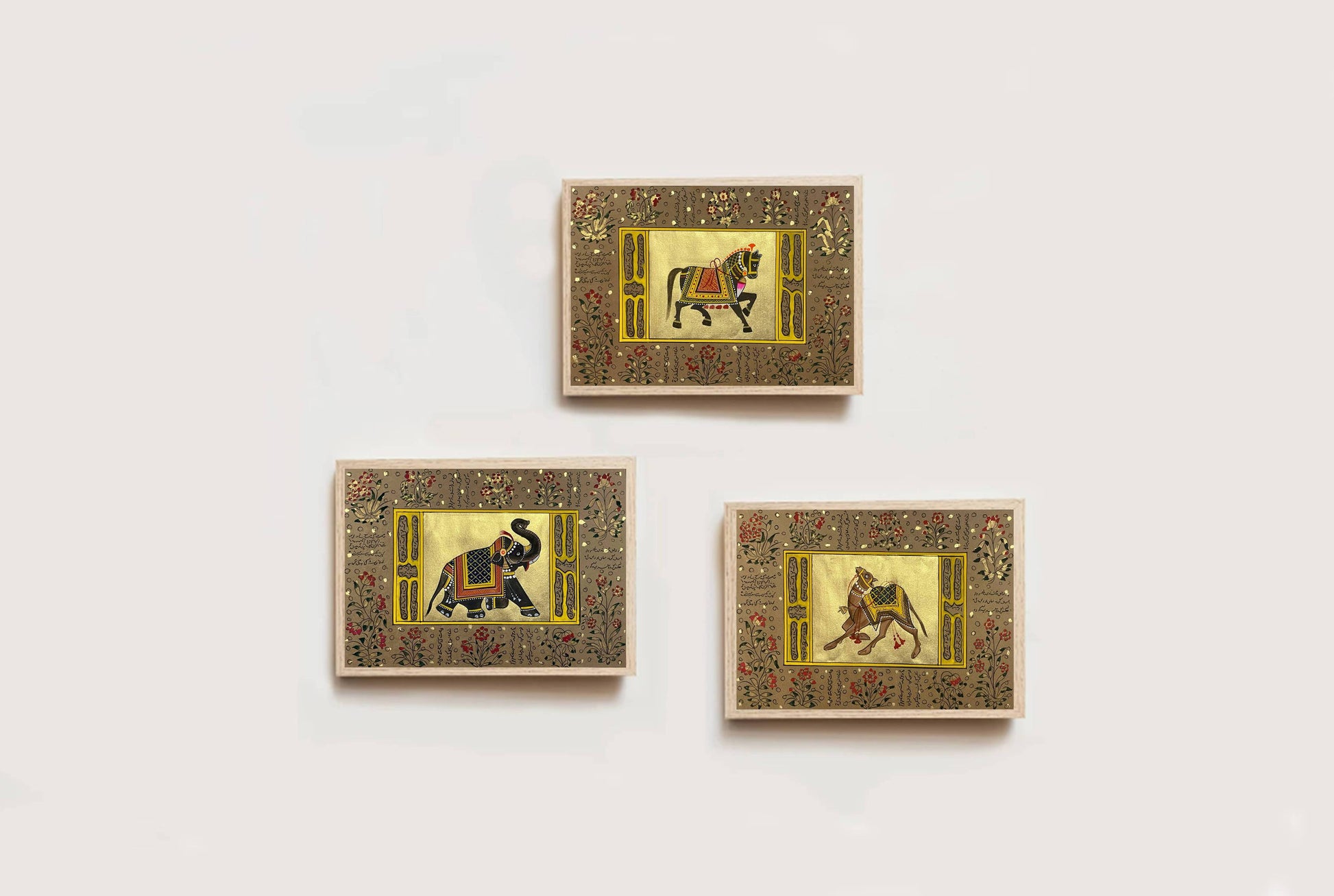 Trio Elephant, Horse, Camel Set of 3 Indian Miniature Wall Art - Jaipur Earth