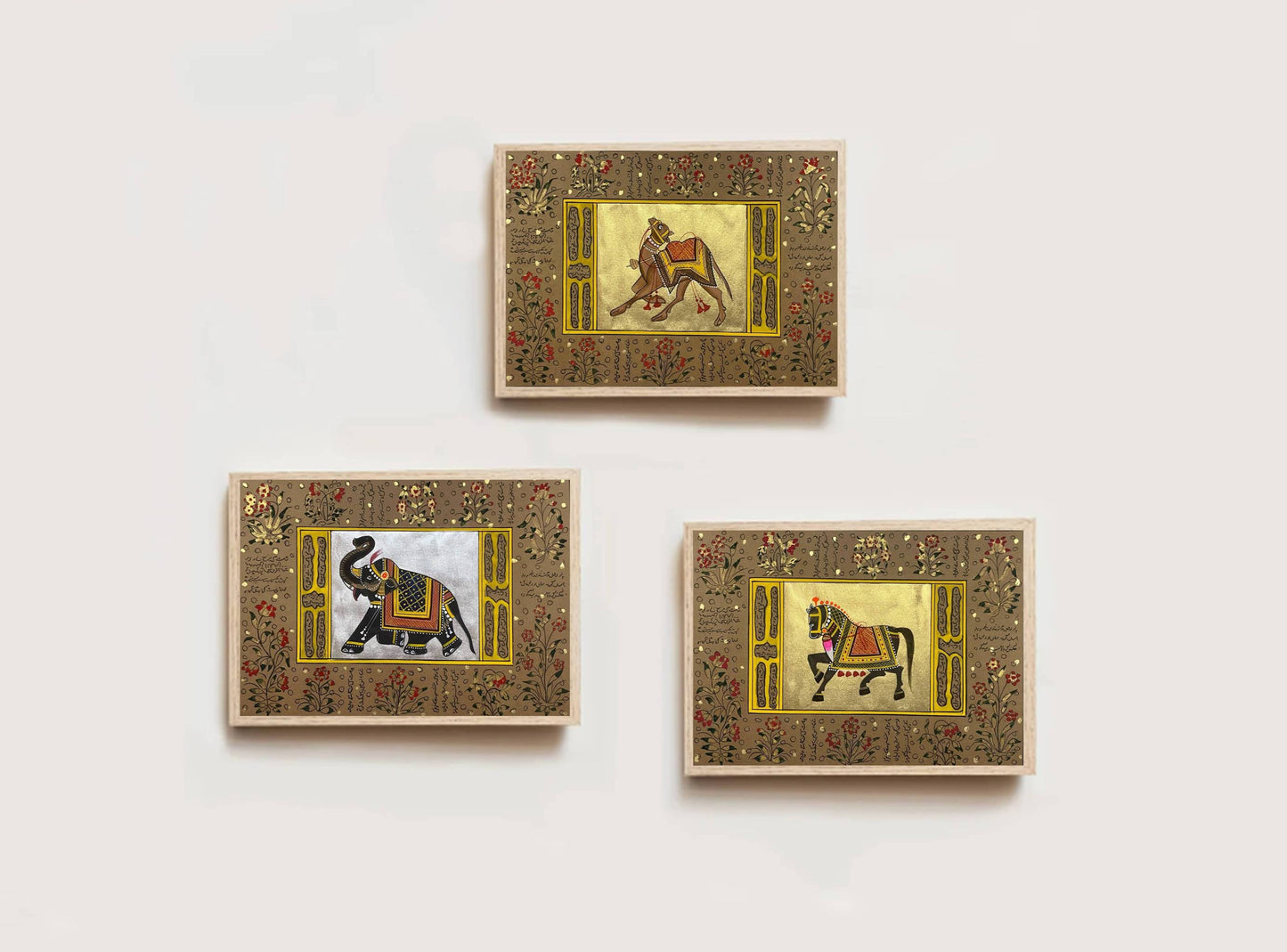 Trio Elephant, Horse, Camel Set of 3 Indian Miniature Wall Art, Traditional Animal Procession Painting For Home Décor - Jaipur Earth