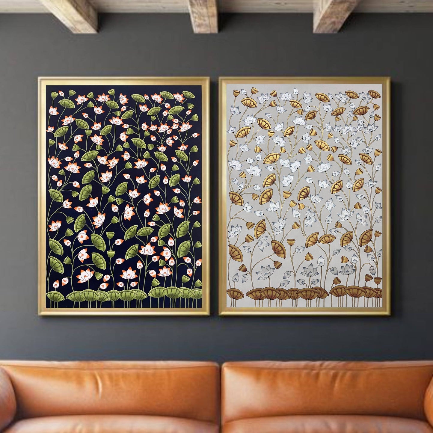Pichwai Painting, Set of 2, Lotus Pond Indian Pichwai, Home decor Art, Indian painting - Jaipur Earth