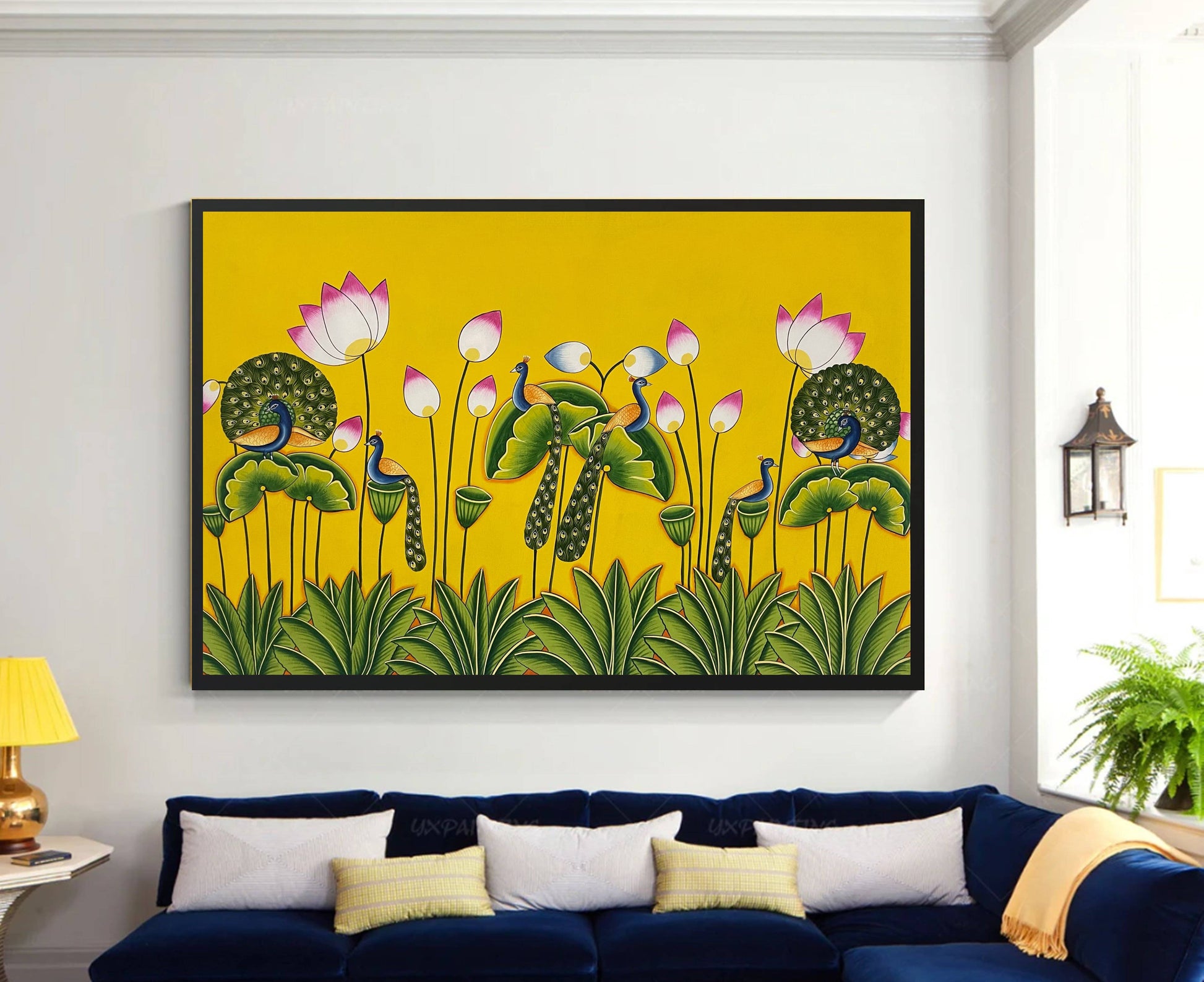 Pichwai Painting of Peacock, Flower design Pichwai Paintng, Wall Art, Stone color on cloth Indian Decor Paintings, Wall Hanging - Jaipur Earth