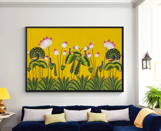 Pichwai Painting of Peacock, Flower design Pichwai Paintng, Wall Art, Stone color on cloth Indian Decor Paintings, Wall Hanging