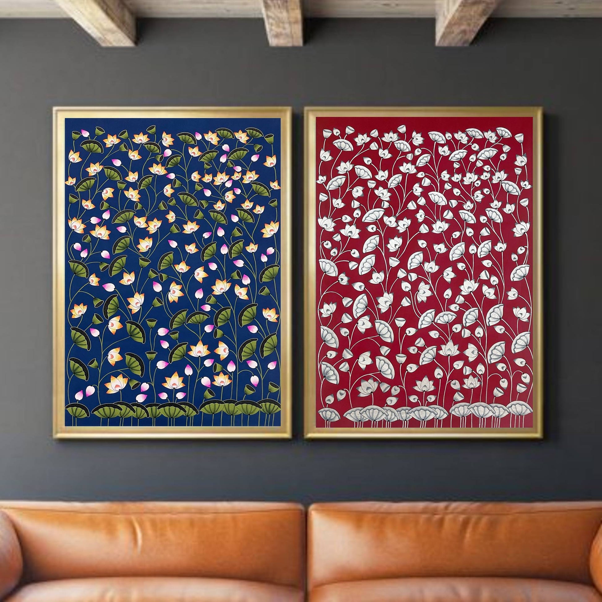 Pichwai Paintings Set of 2, Lotus Pond Indian Pichwai, Home decor Art, Indian painting, wall decor - Jaipur Earth