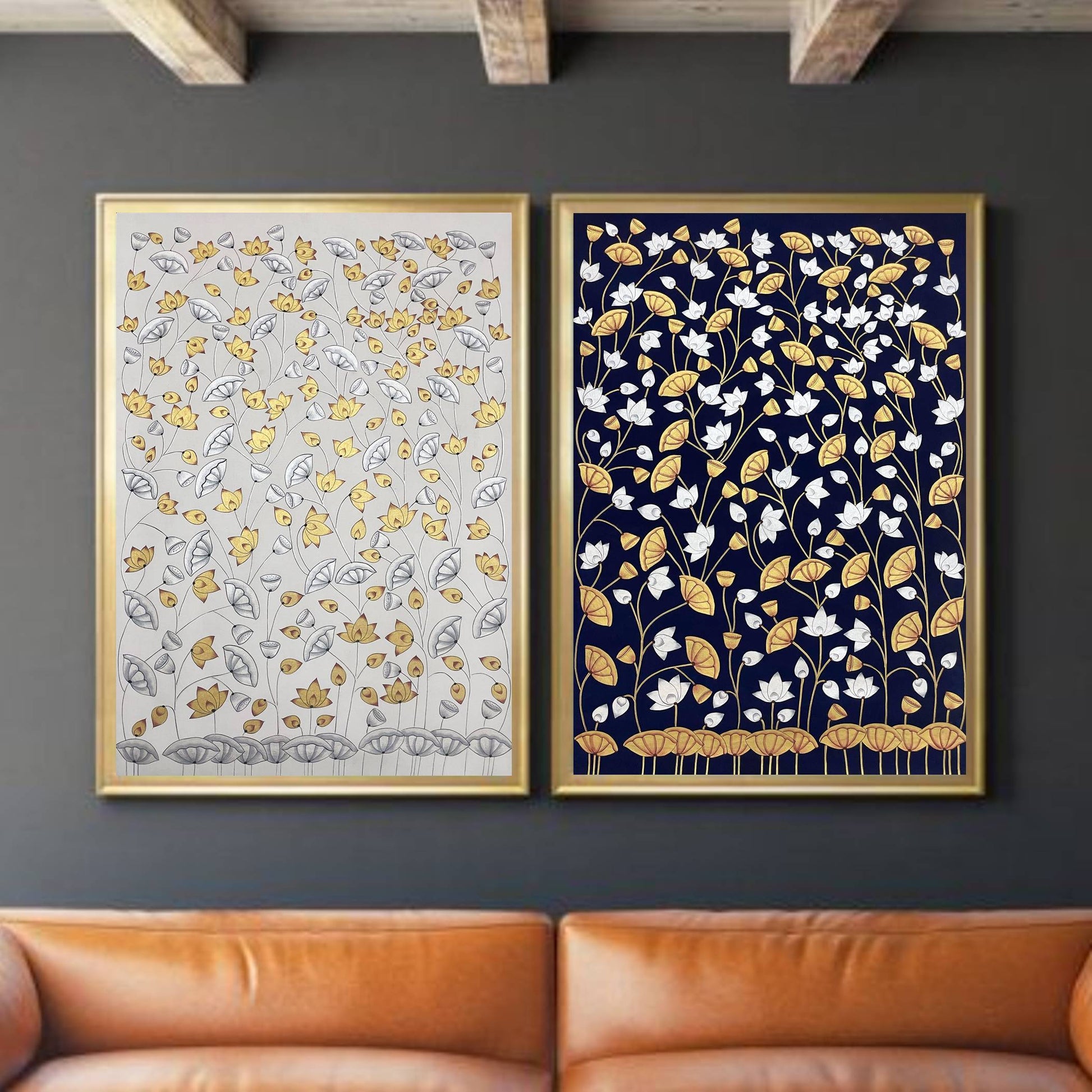 Pichwai Paintings Set of 2, Lotus Pond Indian Pichwai, Home decor Art, Indian painting, wall decor - Jaipur Earth