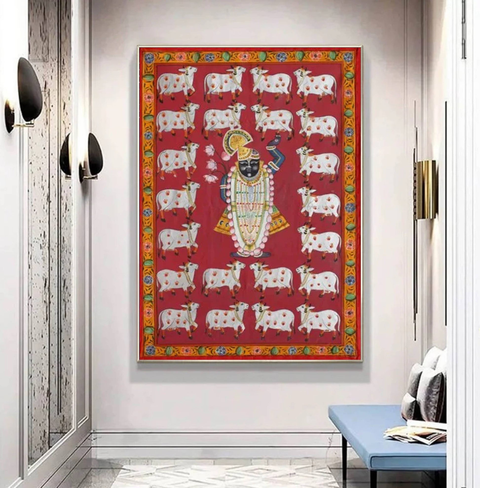Pichwai Painting of Shreenathji, Art For Home Decor, Beautiful Shreenathji on cloth, Home Decor, Wall art - Jaipur Earth
