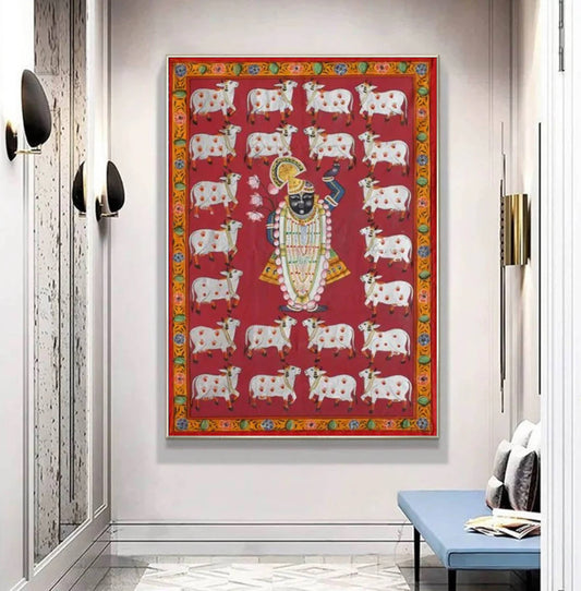 Pichwai Painting of Shreenathji, Art For Home Decor, Beautiful Shreenathji on cloth, Home Decor, Wall art - Jaipur Earth
