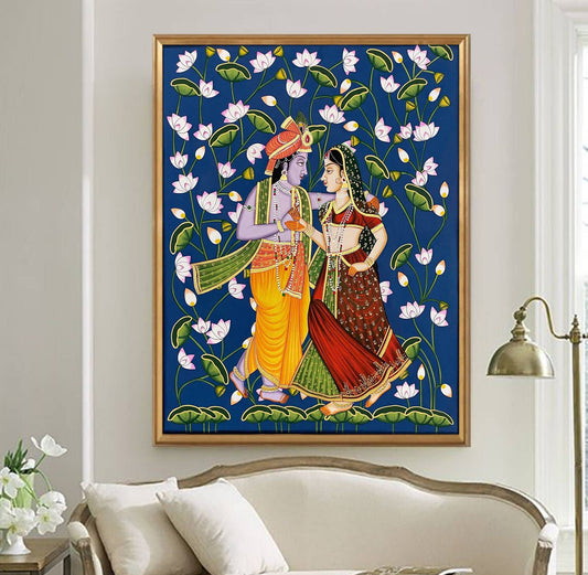 Radha Krishna Detailed Pichwai Handmade Painting On Fabric with Lotus Background, Wall Hanging Home Decorative Art, Wall Art - Jaipur Earth