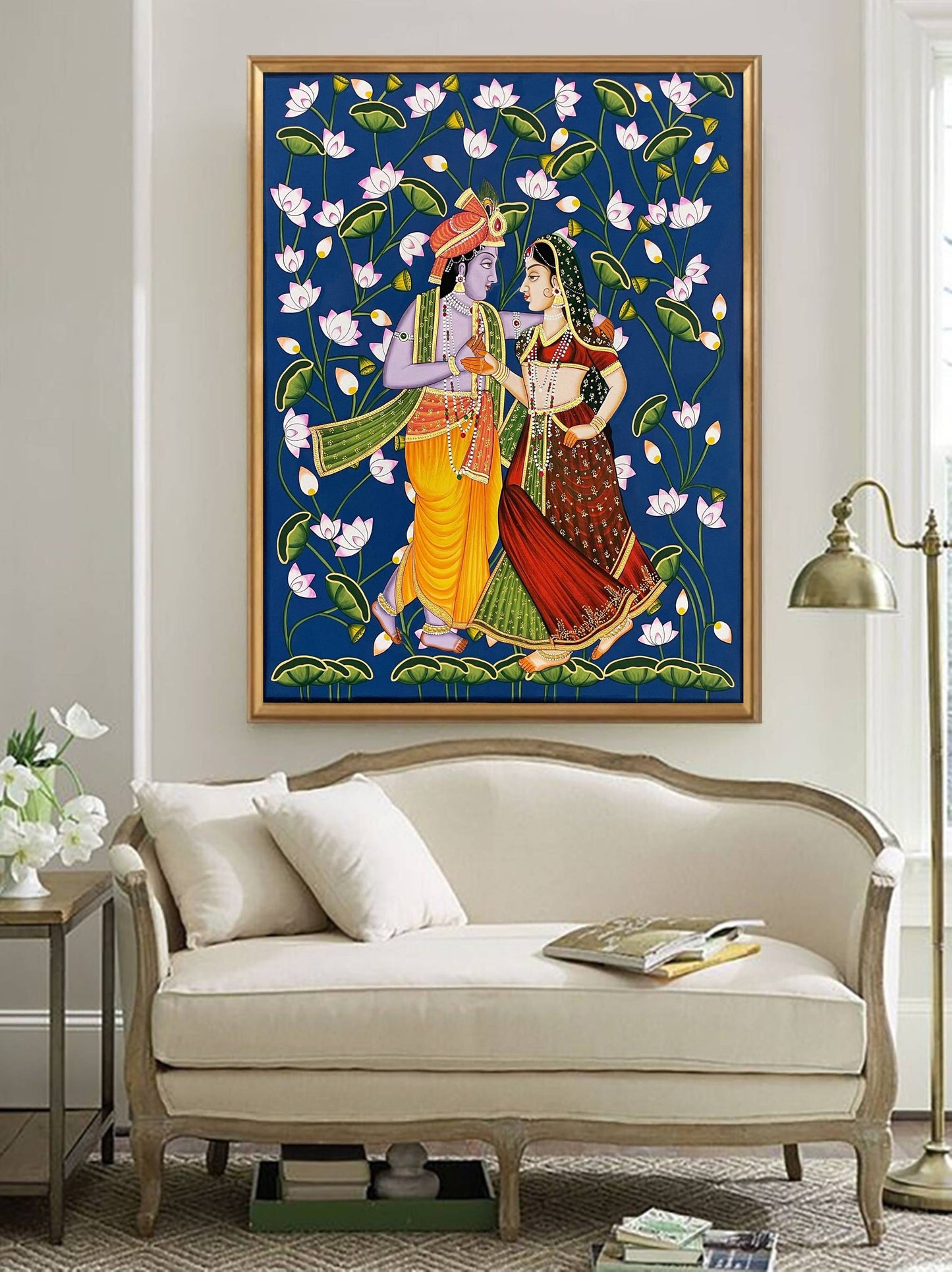 Radha Krishna Detailed Pichwai Handmade Painting On Fabric with Lotus Background, Wall Hanging Home Decorative Art, Wall Art - Jaipur Earth