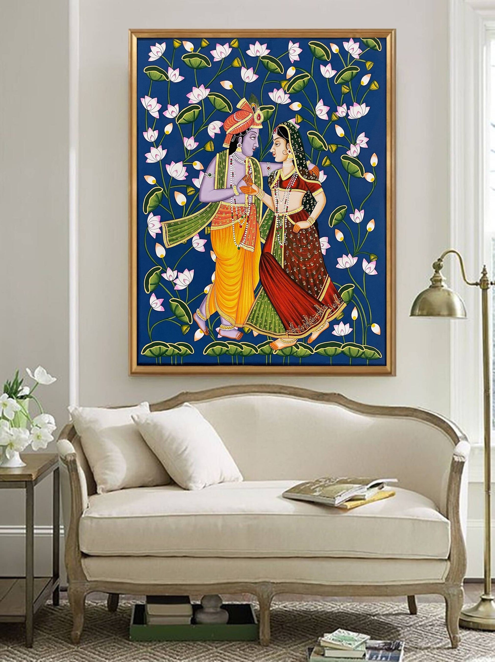 Radha Krishna Detailed Pichwai Handmade Painting On Fabric with Lotus Background, Wall Hanging Home Decorative Art, Wall Art - Jaipur Earth