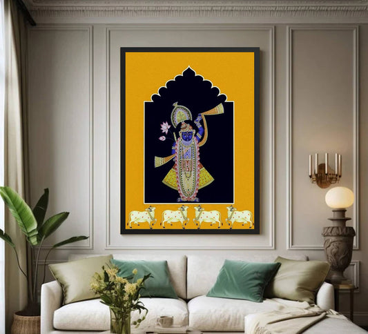 Shreenathji and Lotus Pichwai Art Painting For Home Decor, Traditional Handmade Wall Painting Of Beautiful Shrinathji