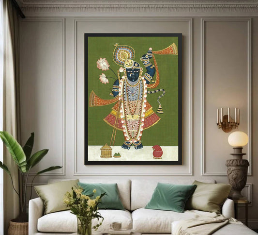 Shreenathji and Lotus Pichwai Art Painting For Home Decor, Traditional Handmade Wall Painting Of Beautiful Shrinathji