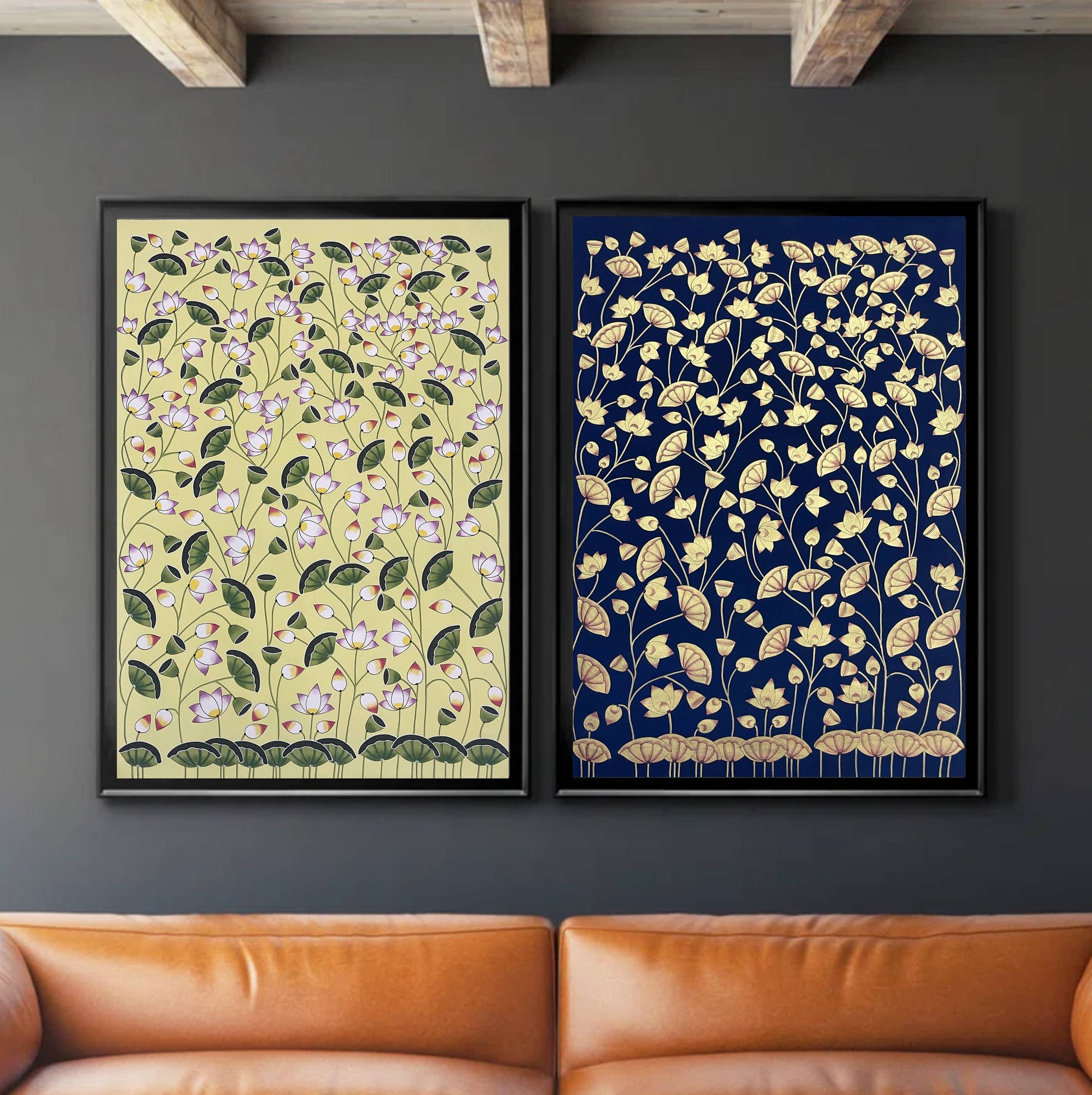 Pichwai Paintings Set of 2, Lotus Pond Indian Pichwai, Home decor Art, Indian painting, wall decor - Jaipur Earth