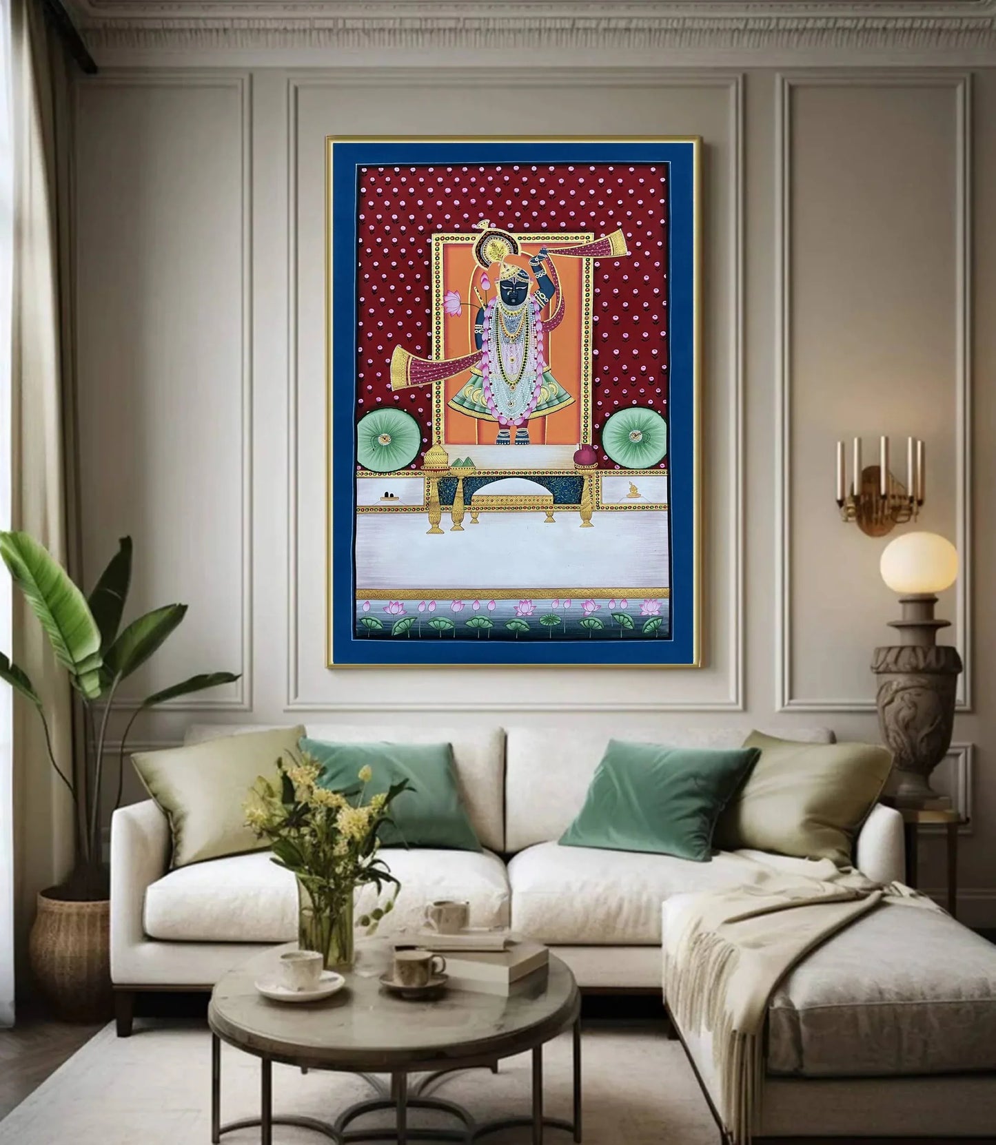 Shreenathji and Lotus Pichwai Art Painting For Home Decor, Traditional Handmade Wall Painting Of Beautiful Shri Nath Ji In Kamal Talai - Jaipur Earth
