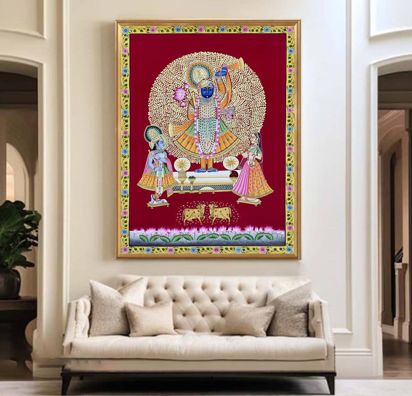 Shreenathji and Lotus Pichwai Art Painting For Home Decor, Traditional Handmade Wall Painting Of Beautiful Shri Nath Ji In Kamal Talai - Jaipur Earth
