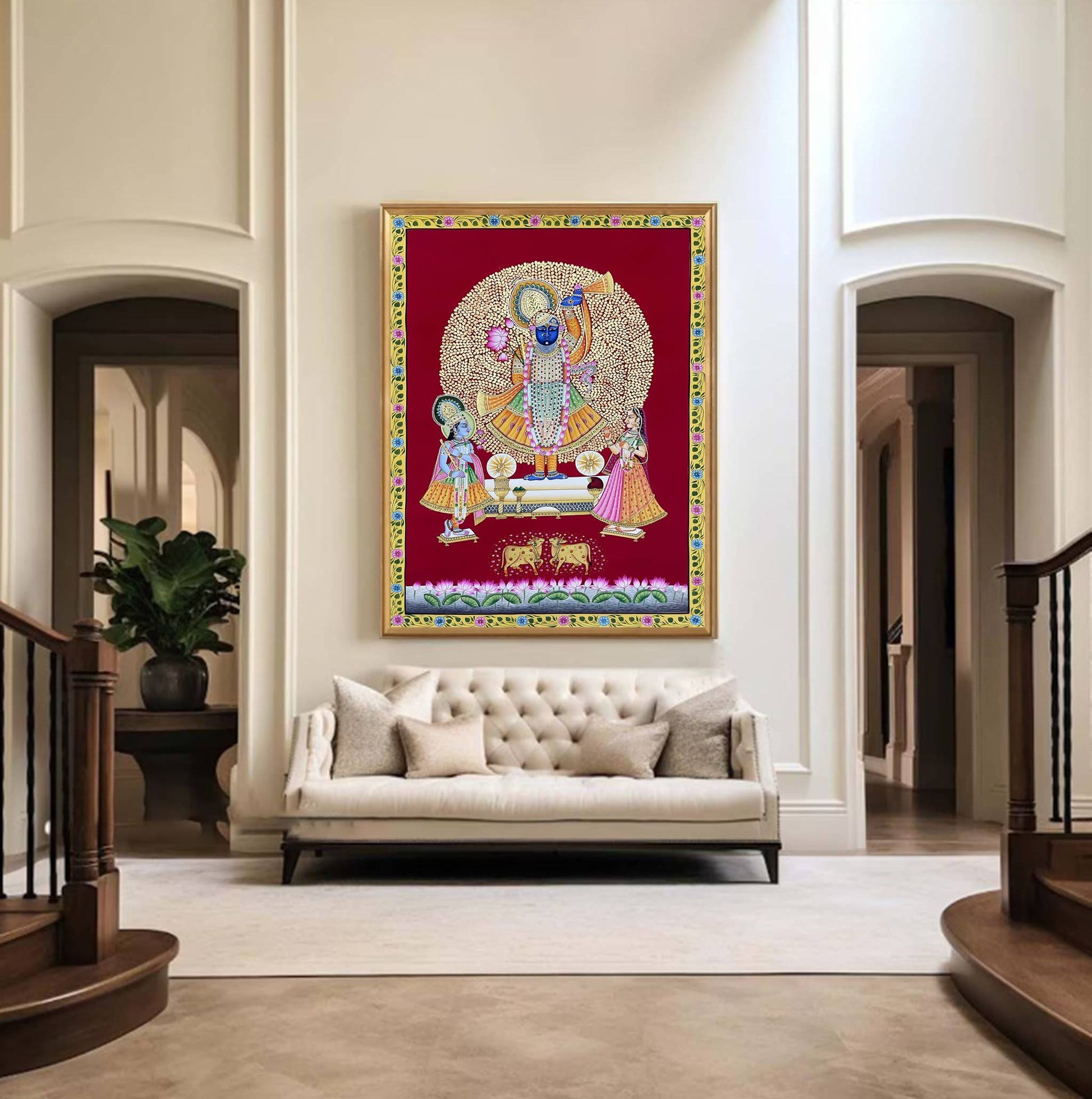 Shreenathji and Lotus Pichwai Art Painting For Home Decor, Traditional Handmade Wall Painting Of Beautiful Shri Nath Ji In Kamal Talai - Jaipur Earth