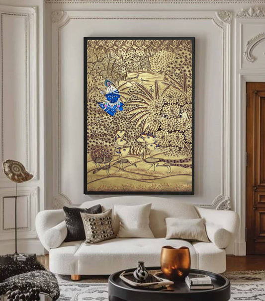 Krishna Pichwai Painting – Golden Handpainted Traditional Indian Art of Lord Krishna - Jaipur Earth