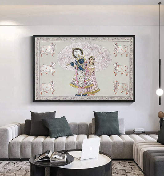 Radha Krishna Silver Detailed Pichwai Handmade Painting - Jaipur Earth