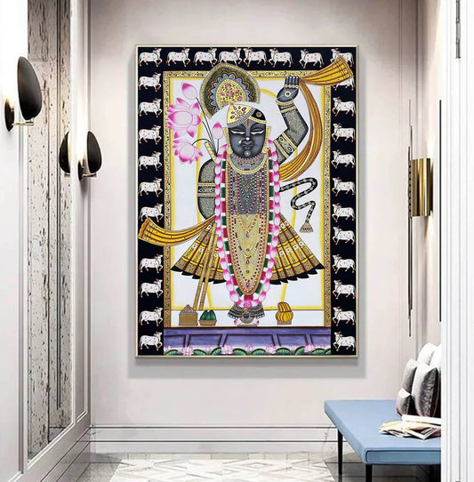 Pichwai Painting of Shreenathji, Art For Home Decor, Beautiful Shreenathji on cloth, Home Decor, Wall art - Jaipur Earth