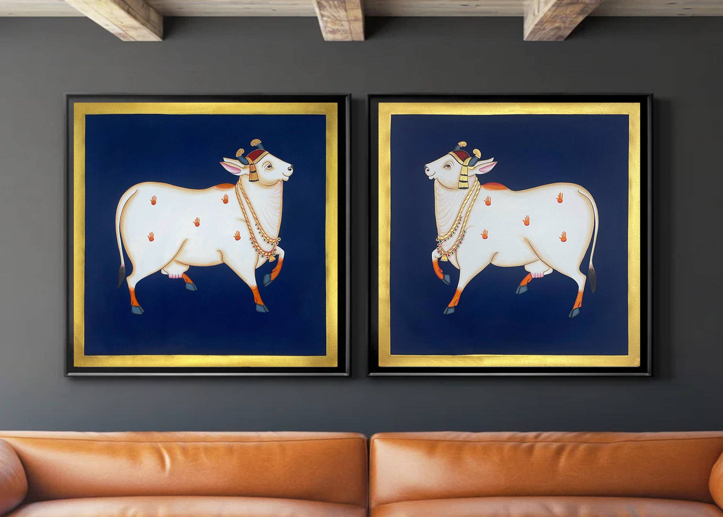 Pichwai Painting Of Cow, Set of 2, Traditional Indian Pichwai Painting For Home Decor, Wall Art, Wall Decor - Jaipur Earth