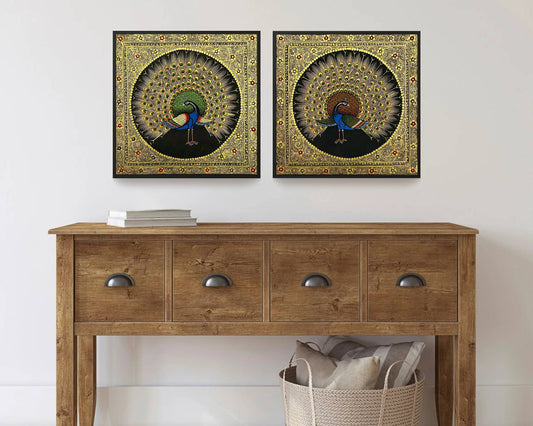Peacock Bird Miniature Painting, Set of 2, Handmade Bird Wall Art, Home Decor - Jaipur Earth