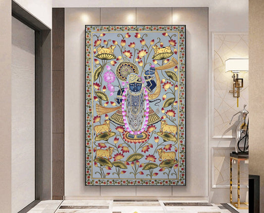 Shrinathji in Lotus Pond - Handmade Pichwai Painting (Unframed/ 5 x 3 feet) - Jaipur Earth