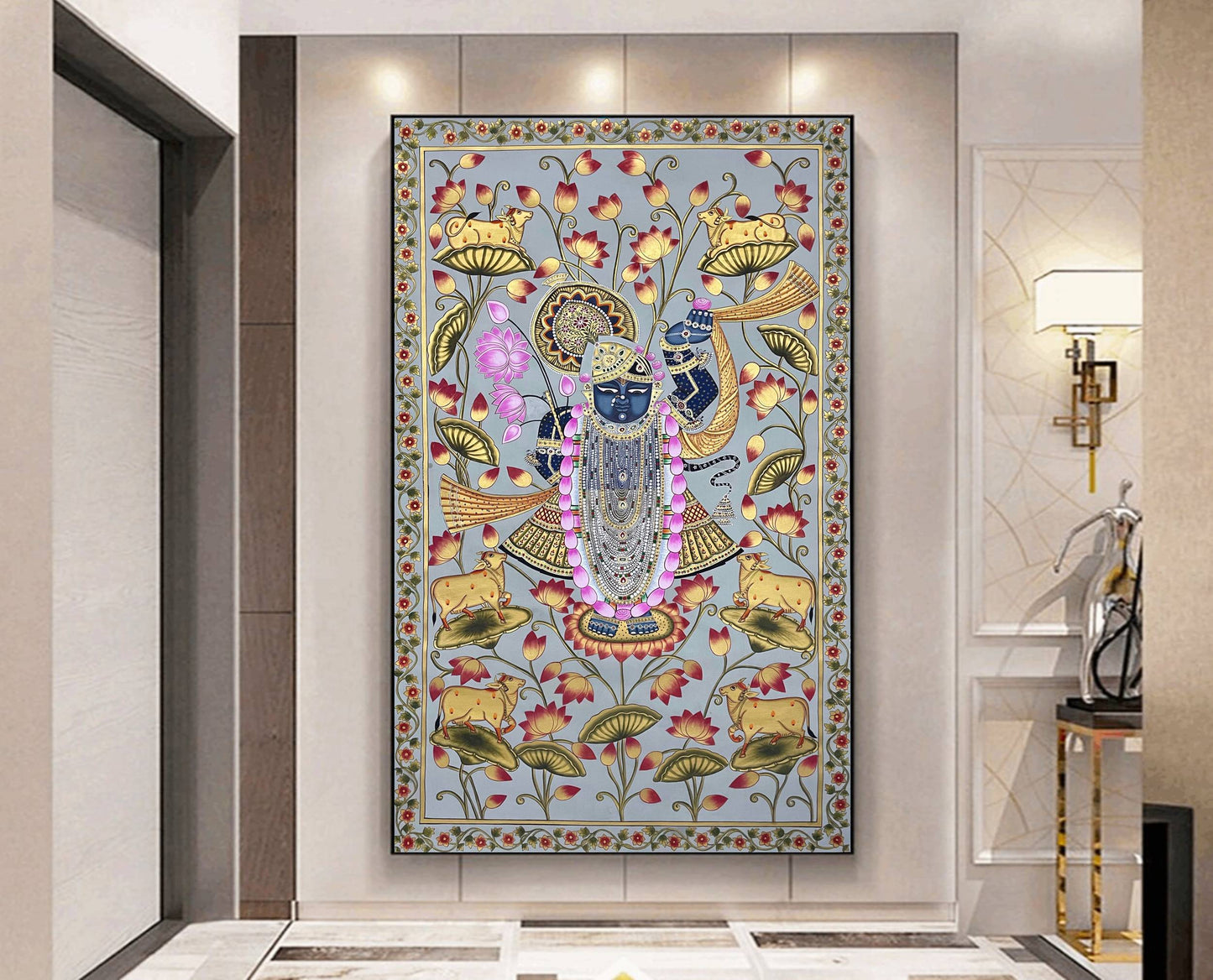 Shrinathji in Lotus Pond - Handmade Pichwai Painting (Unframed/ 5 x 3 feet) - Jaipur Earth