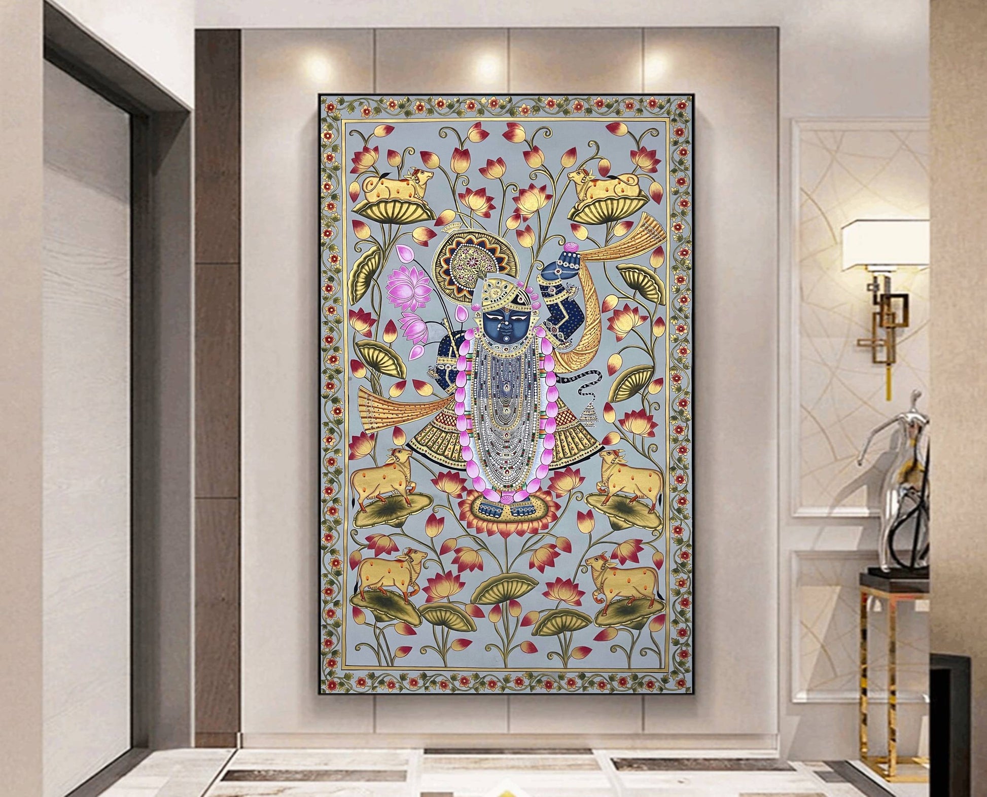 Shrinathji in Lotus Pond - Handmade Pichwai Painting (Unframed/ 5 x 3 feet) - Jaipur Earth