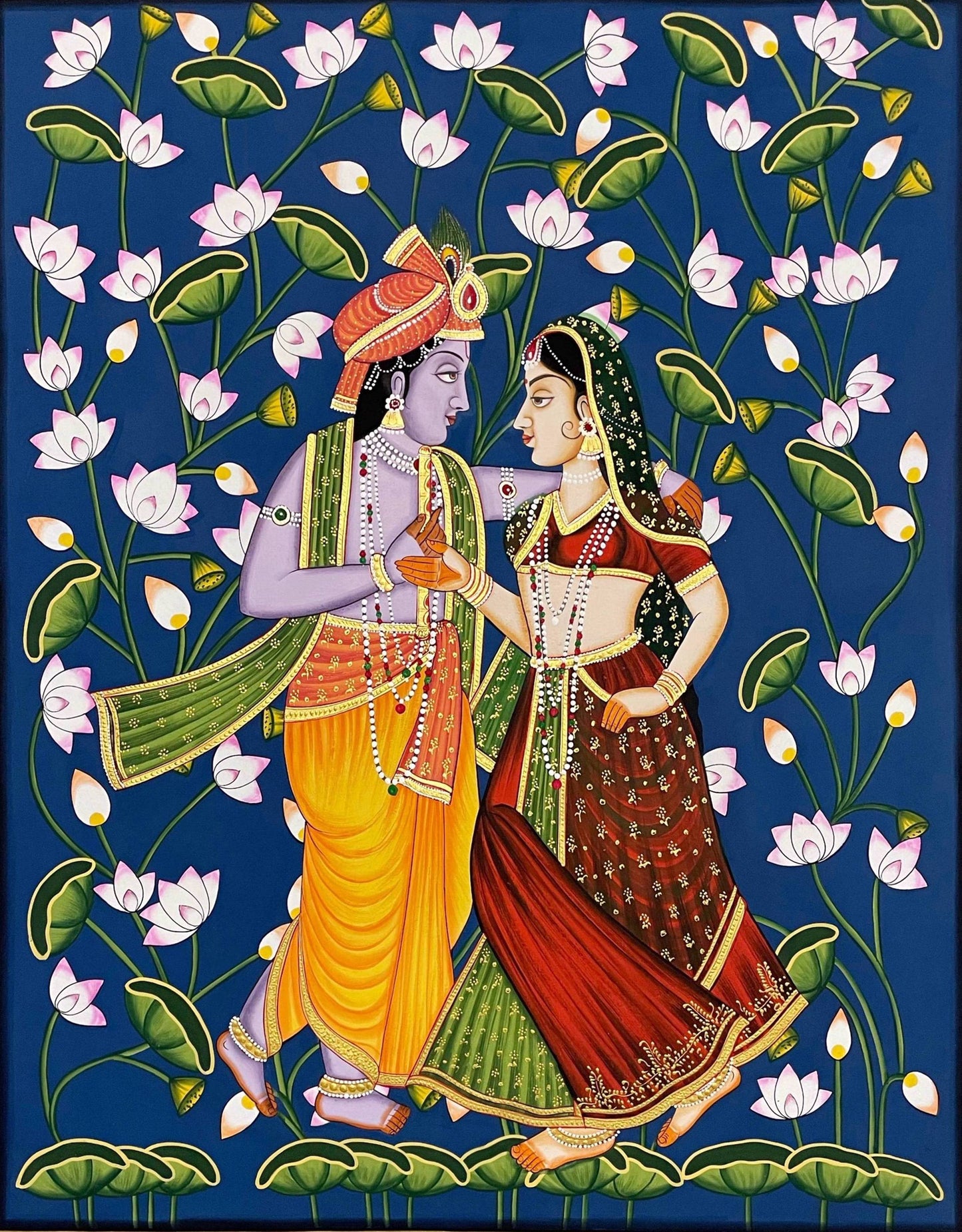Radha Krishna Detailed Pichwai Handmade Painting On Fabric with Lotus Background, Wall Hanging Home Decorative Art, Wall Art - Jaipur Earth