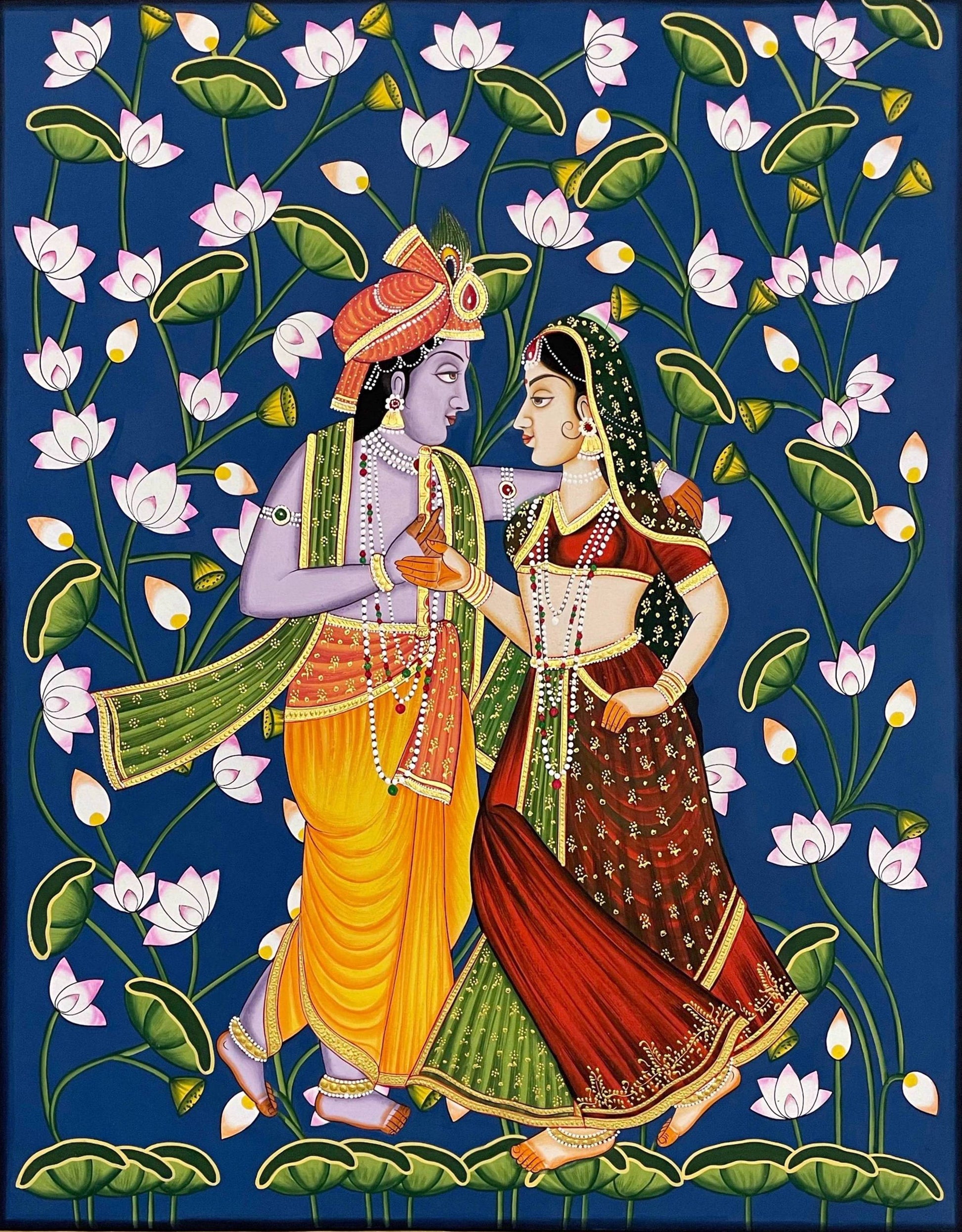 Radha Krishna Detailed Pichwai Handmade Painting On Fabric with Lotus Background, Wall Hanging Home Decorative Art, Wall Art - Jaipur Earth