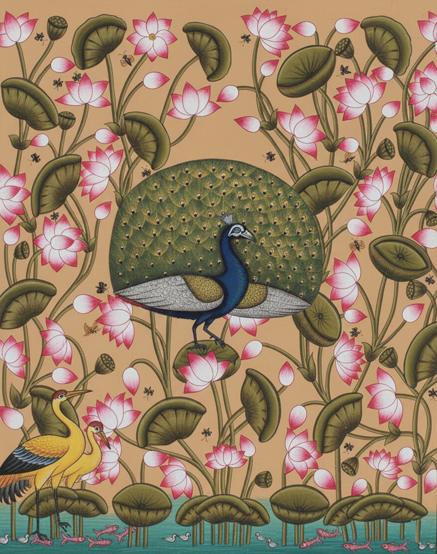 Peacock & Lotus Pond Pichwai Painting Wall Decor Kamal Talai Handmade Floral Design, home Decor Painting