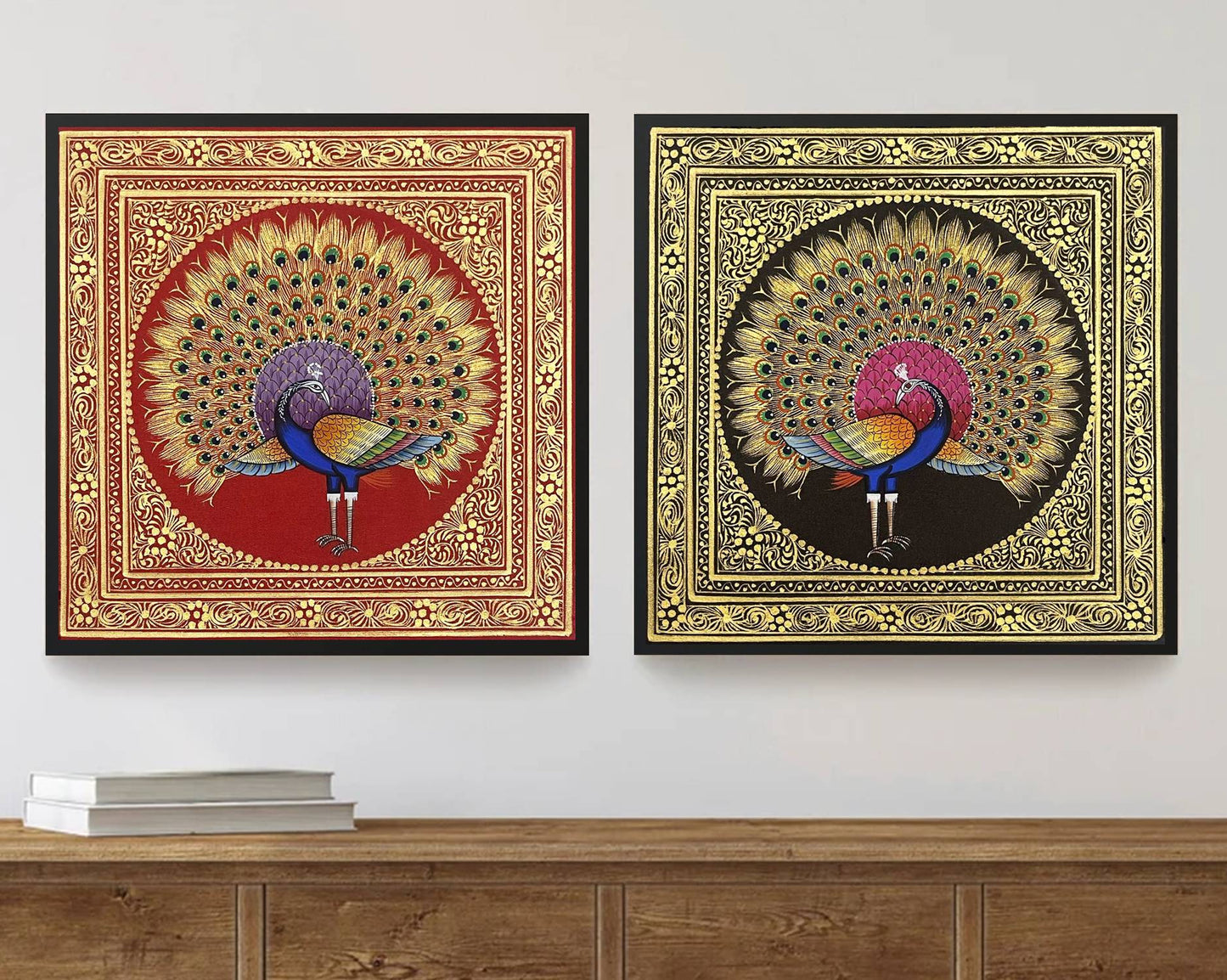 Peacock Bird Miniature Painting, Set of 2, Handmade Bird Wall Art, Home Decor - Jaipur Earth