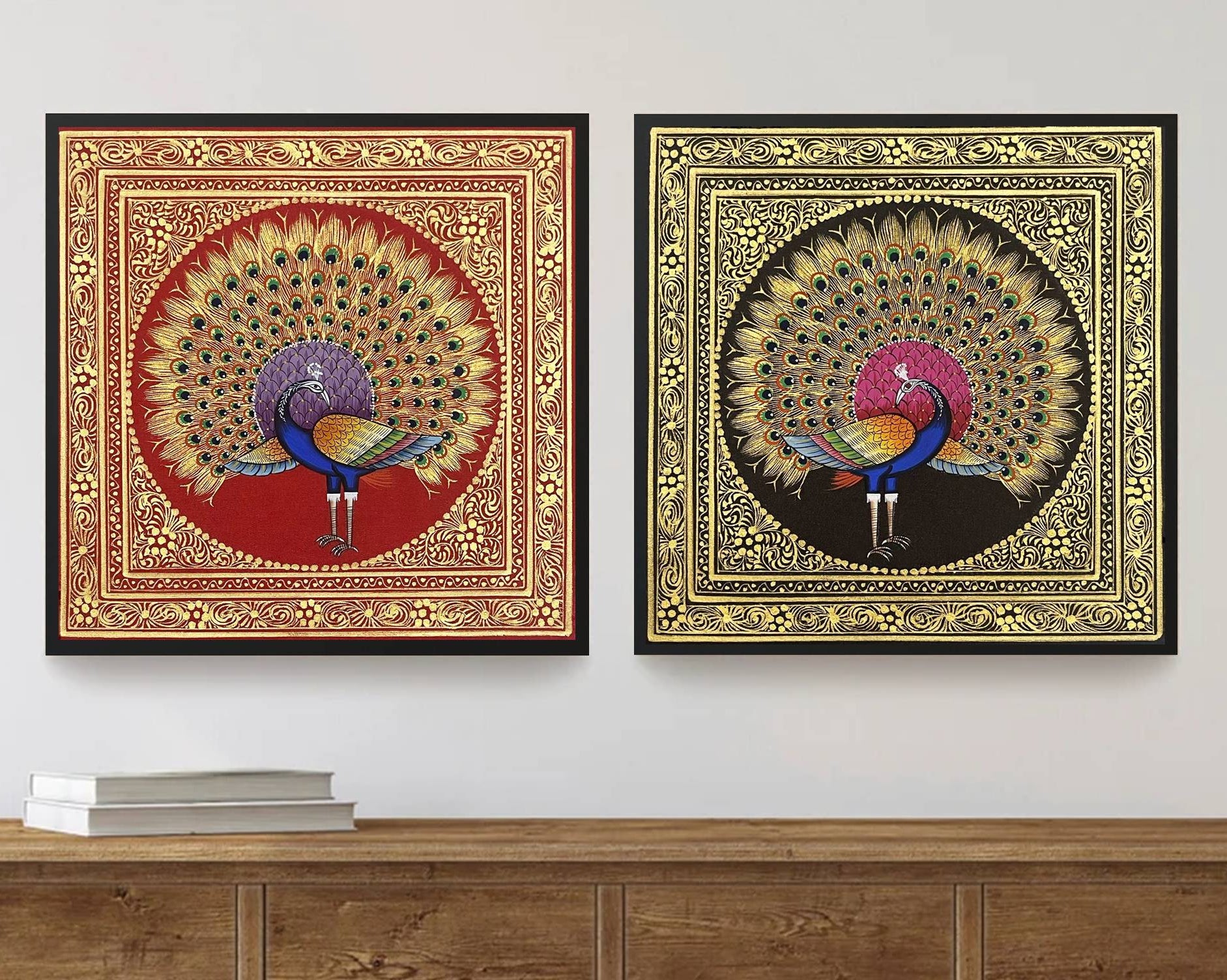 Peacock Bird Miniature Painting, Set of 2, Handmade Bird Wall Art, Home Decor - Jaipur Earth