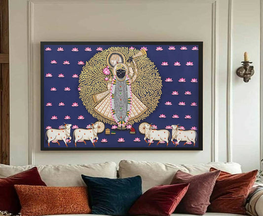 Shreenathji and Lotus Pichwai Art Painting For Home Decor, Traditional Handmade Wall Painting Of Beautiful Shri Nath Ji