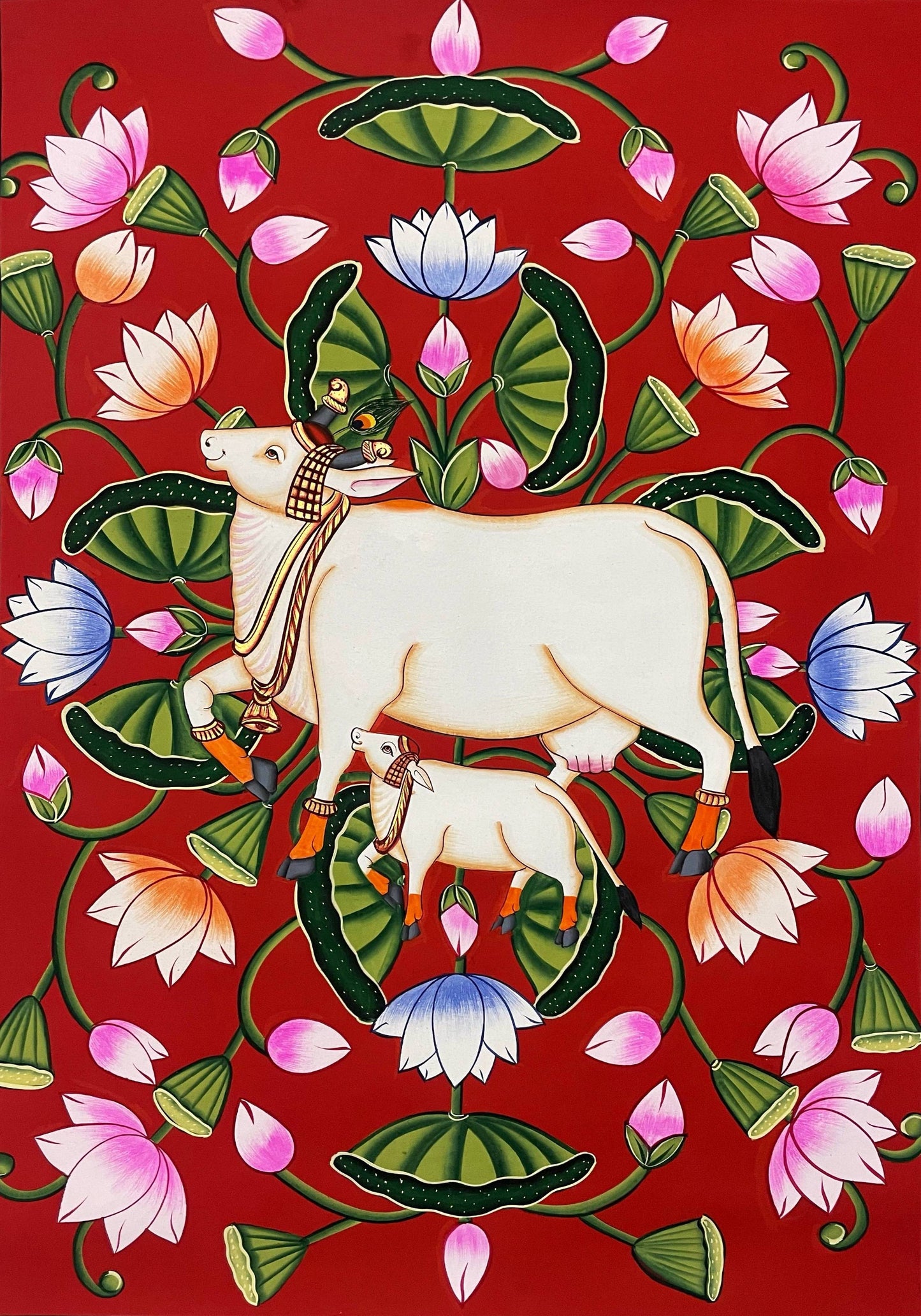 Pichwai Painting Of Cow, Set of 2 Detailed Traditional Indian Pichwai Painting For Home Decor, Wall Decor
