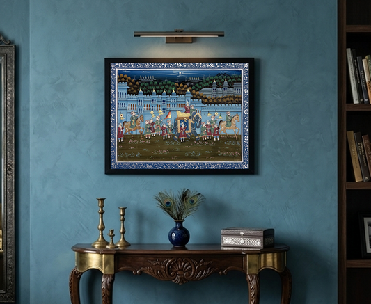Royal Procession Detailed Hand Painted Artwork, Rajasthani Painting, Framed