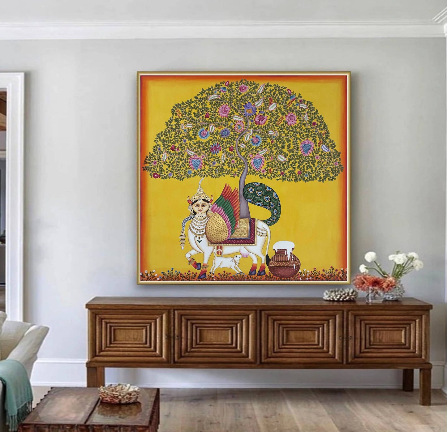 kamdhenu sacred cow life tree - Handmade Pichwai Painting- 3x3 Feet - Jaipur Earth