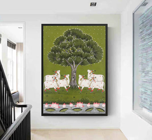 Pichwai Painting Of Cow, Modern Indian Pichwai Painting For Home Decor, Wall Hanging, Wall Painting