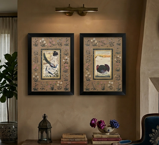 Hand-Painted Birds Miniature Painting | Traditional Indian Miniature Art on Handmade Paper | Framed