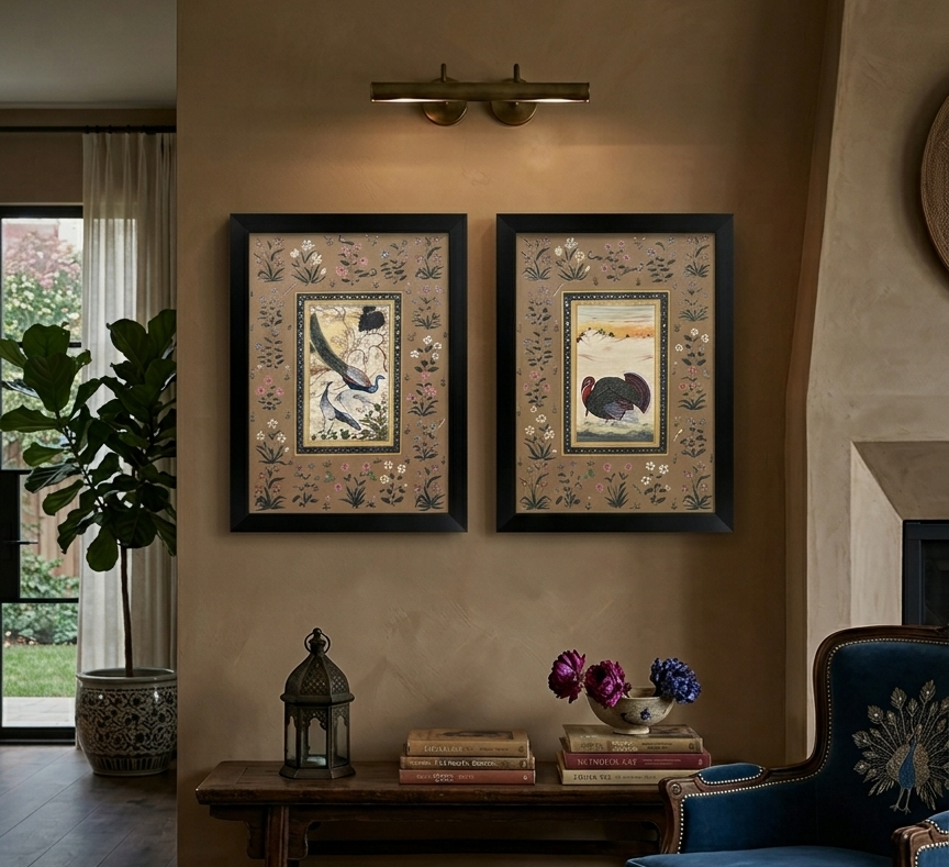 Hand-Painted Birds Miniature Painting | Traditional Indian Miniature Art on Handmade Paper | Framed