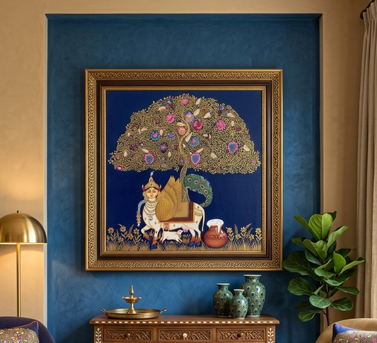 Kamdhenu Sacred Cow Life Tree Handmade Pichwai Painting | Traditional Nathdwara Indian Art
