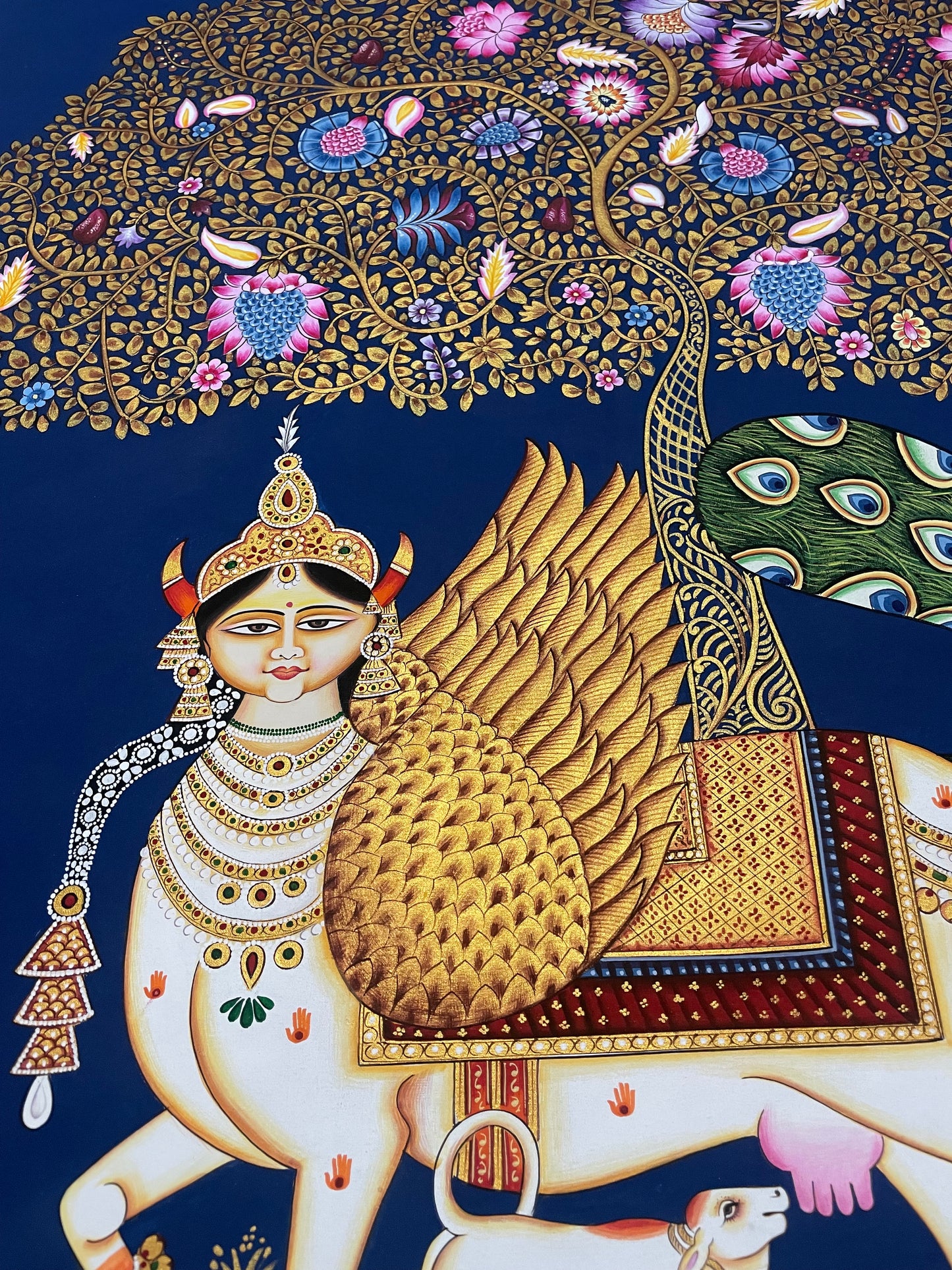 Kamdhenu Sacred Cow Life Tree Handmade Pichwai Painting | Traditional Nathdwara Indian Art